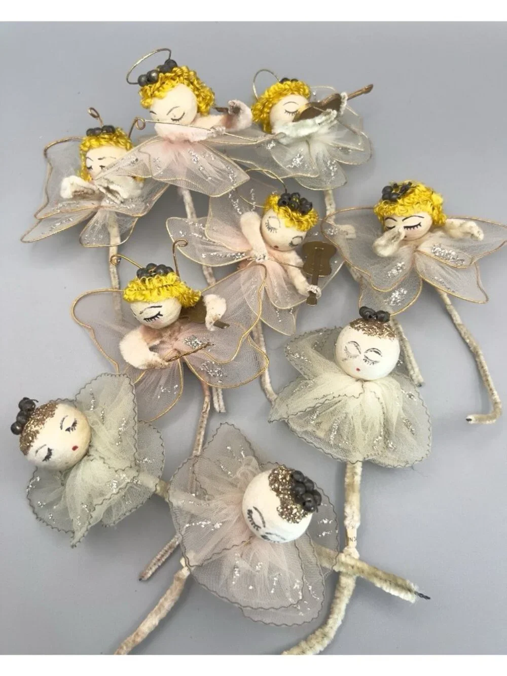 Vintage Spun Cotton Angel Ornaments Lot 8 Mid Century Japan Tulle Chenille MCM